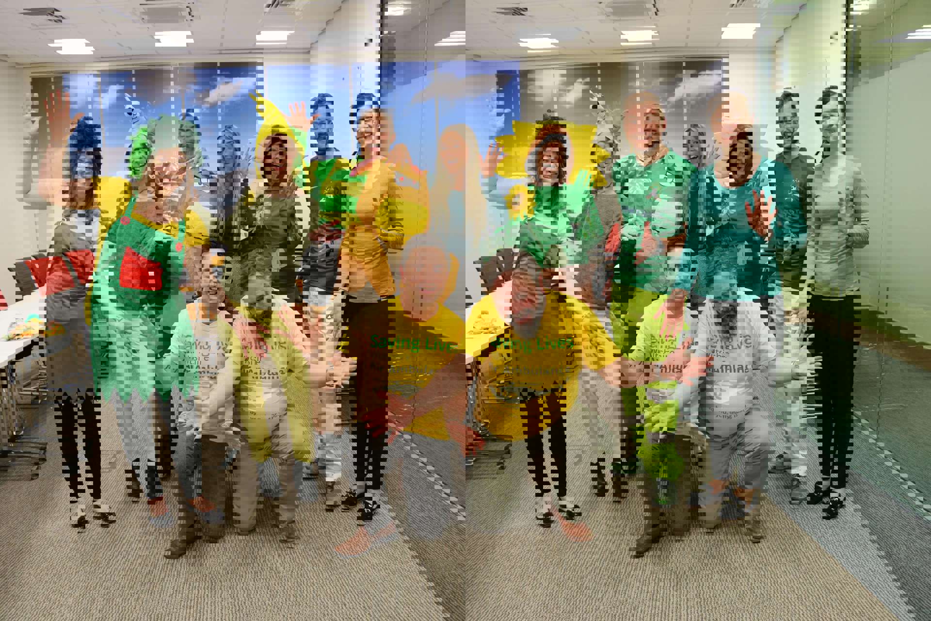 A group of colleagues wearing green and yellow attire to raise funds for Wiltshire Air Ambulance during Air Ambulance week. 