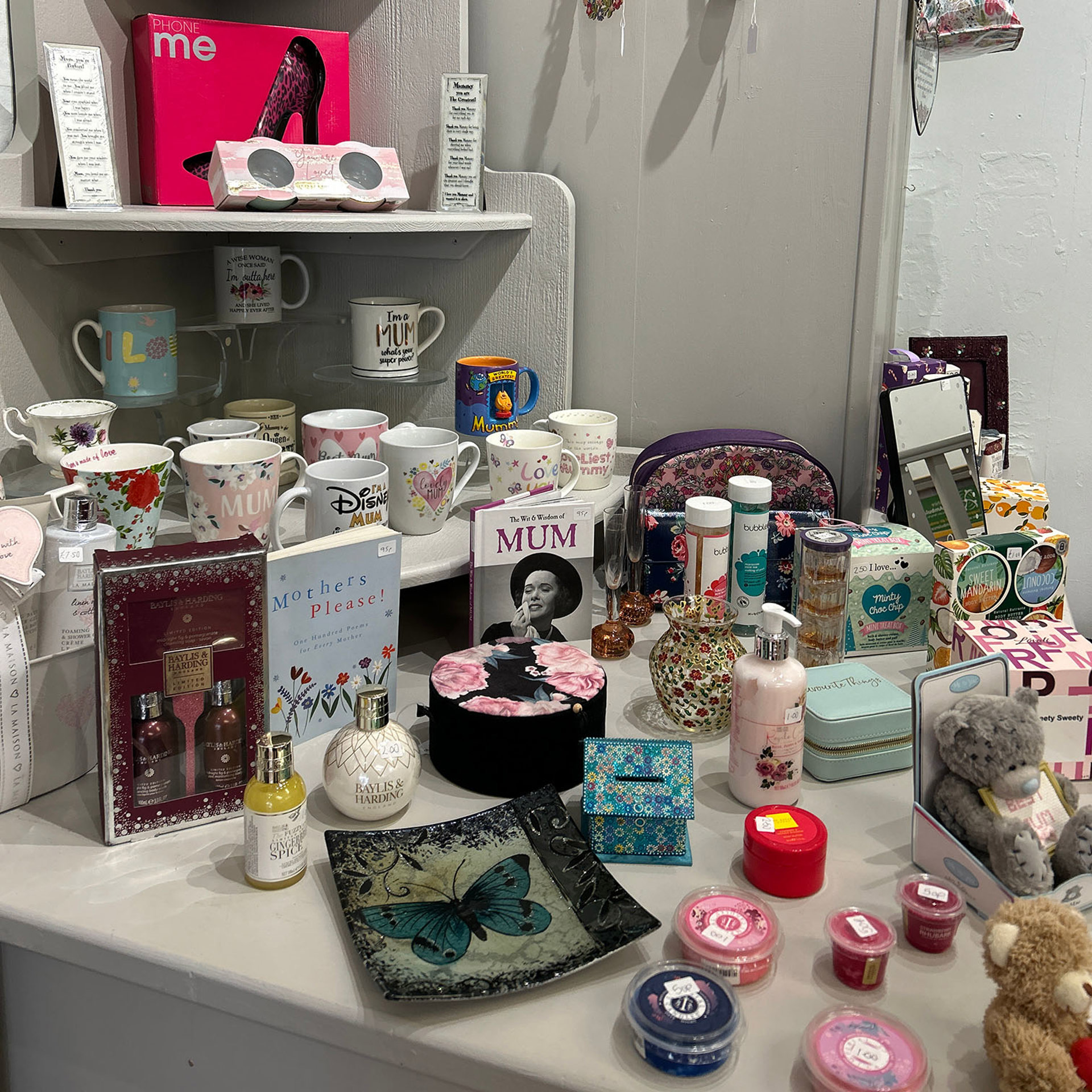 A selection of gifts at the charity shop for Mother's Day