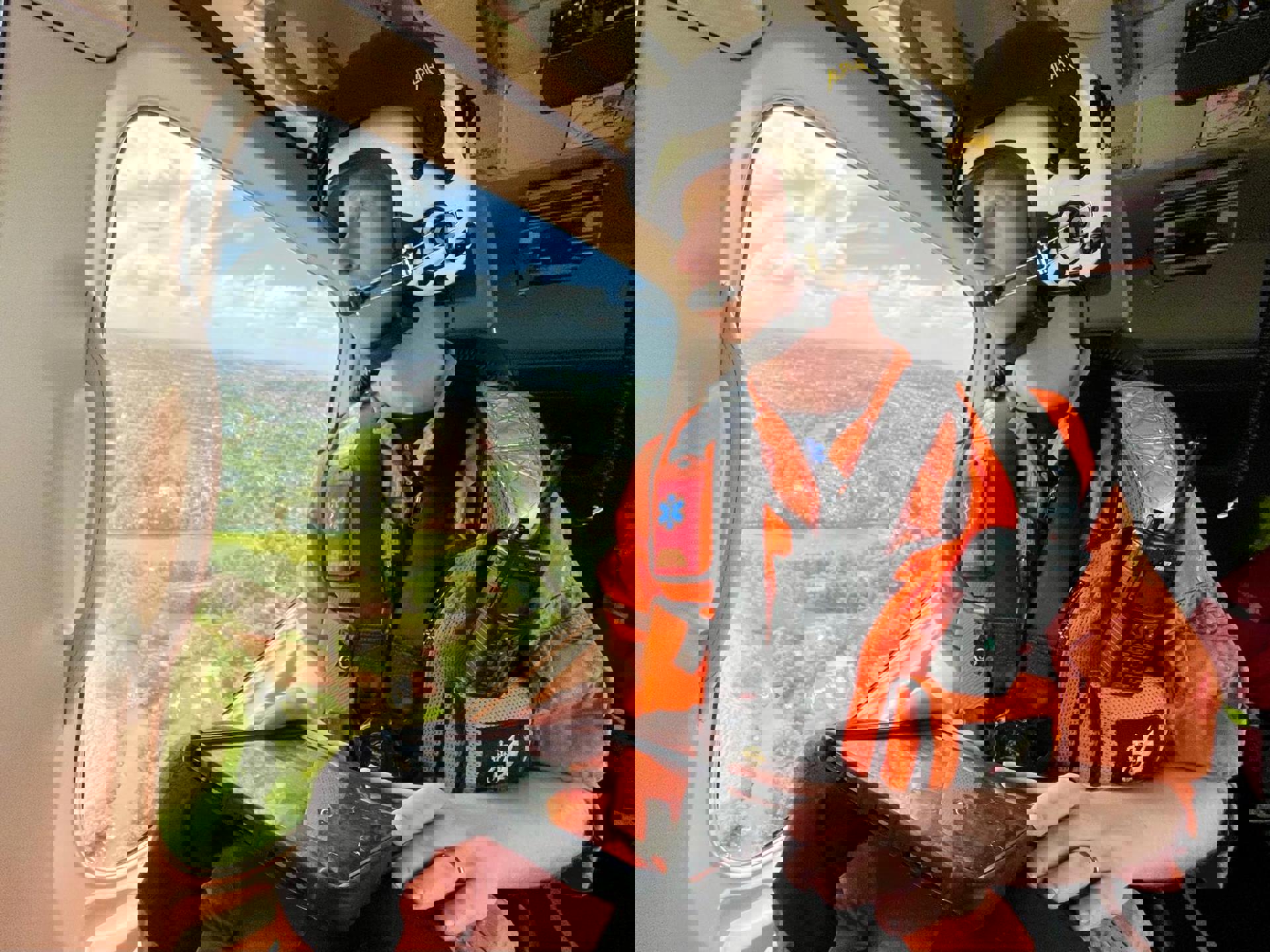 A critical care paramedic in flight looking over Wiltshire countryside A critical care paramedic in flight looking over Wiltshire countryside