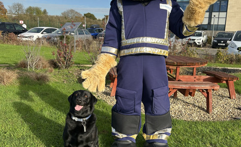 Air Ambulance pilot mascot standing with a black Labrador outside the airbase