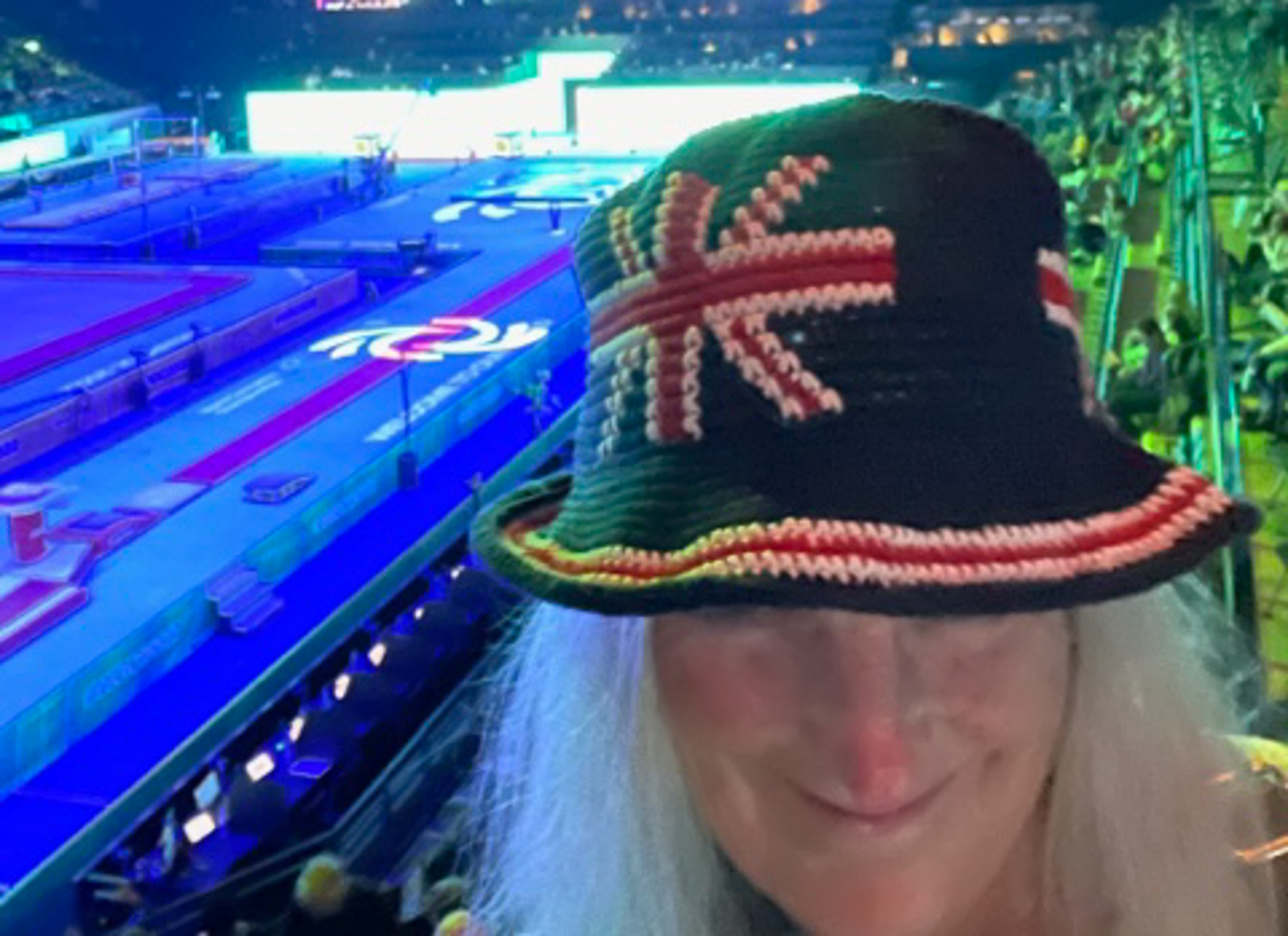 A volunteer wearing a crochet hat featuring the GB flag A volunteer wearing a crochet hat featuring the GB flag